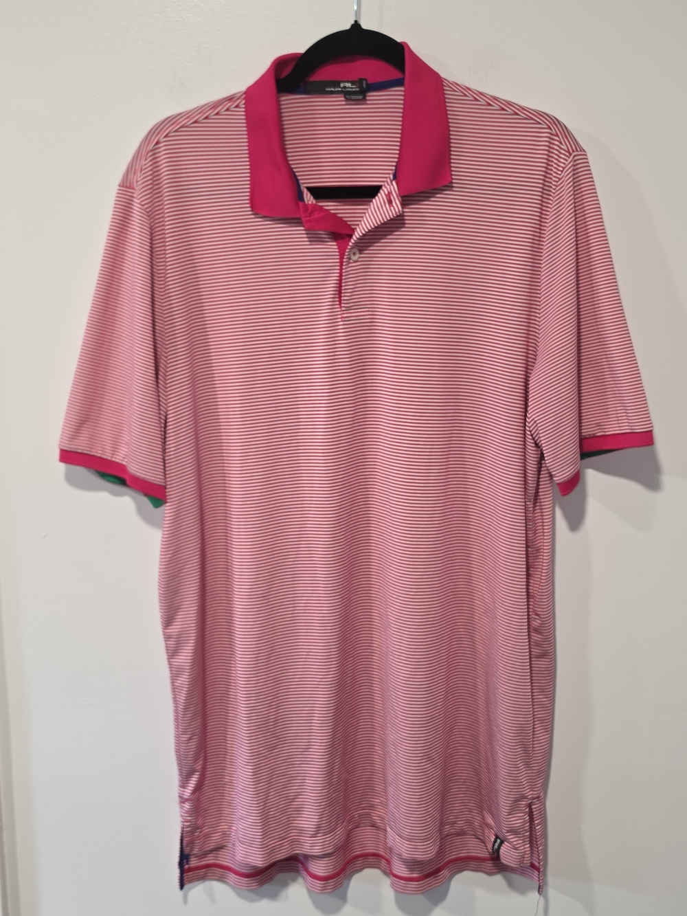 RLX Ralph Lauren Pink & White Striped Performance Golf Polo Mens Size Large